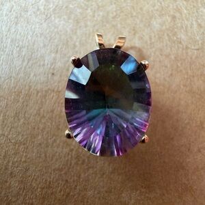 14K Yellow Gold Mystic Rainbow Topaz Pendant Large Oval Statement Gemstone